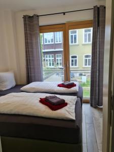 deux lits dans une chambre avec une grande fenêtre dans l'établissement Cityappartement am Goethepark, à Weimar