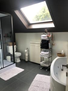 a bathroom with a skylight and a tub and a sink at A l'orée du bois "maison de vacances" in Spa +22 photos