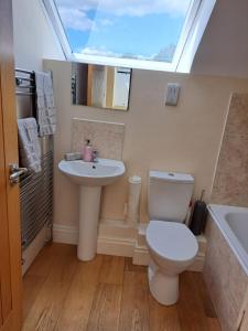 a bathroom with a toilet and a sink and a window at Charming 1-Bed loft in Caerleon in Newport