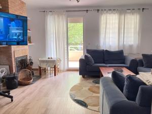 sala de estar con sofás azules y TV en Acogedor chalet familiar en la Sierra Calderona, en Nàquera