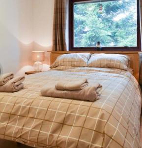 a bedroom with a large bed with a large window at Drummond Neuk - Pets Welcome! in Inverness