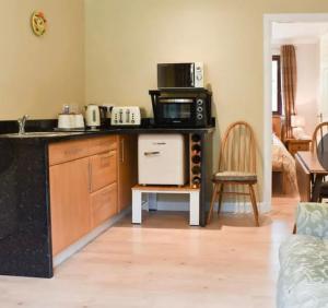 a kitchen with a counter top with a microwave at Drummond Neuk - Pets Welcome free, country setting, free onsite parking in Inverness