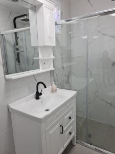 a white bathroom with a sink and a shower at בוילה היפה של יהודית in Eilat