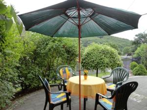 einen Tisch mit einem grünen Sonnenschirm auf einer Terrasse in der Unterkunft Ferienwohnung LePetit in Steina