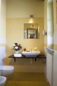 La salle de bains est pourvue d'un lavabo, d'un miroir et de toilettes. dans l'établissement Il Grappolo Vacanze, à La Morra