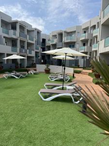 a row of lounge chairs and umbrellas on a lawn at Modern luxury apartment in Corralejo