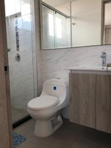 La salle de bains est pourvue de toilettes, d'une douche et d'un lavabo. dans l'établissement Espectacular apartamento con estacionamiento gratuito Chía N 2, à Chía