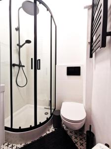 a bathroom with a shower and a toilet at PODWALE Apartment - Self Check-In 24h in Wrocław