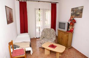 sala de estar con TV, silla y mesa en Apartments by the sea Mandre, Pag - 523, en Kolan