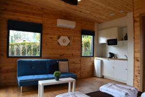 ein Wohnzimmer mit einem blauen Sofa und einer Küche in der Unterkunft Cabañas Compostela - Cabaña Pedroso con bañera de hidromasaje in Santiago de Compostela