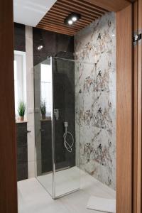 a shower with a glass door in a bathroom at Toruńskie Zacisze 5 in Toruń