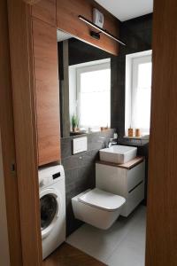 a bathroom with a toilet and a sink and a washing machine at Toruńskie Zacisze 5 in Toruń