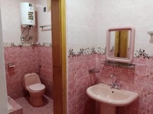 een badkamer met een wastafel, een toilet en een spiegel bij Tourist Guest House in Anīahgrām