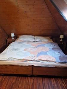 een groot bed op een zolder met 2 lampen bij Bora Bora na Slnecnych jazerach (Apartman 1) in Senec