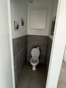 een kleine badkamer met een toilet in een stal bij Maison familiale contemporaine neuve à Bergerac in Bergerac