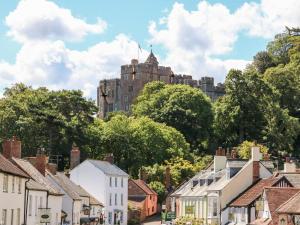 a view of a town with a castle in the background at 1 Marsh Gardens in Dunster