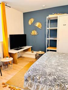 a bedroom with a bed and a desk with a television at Le bastion in Pontarlier