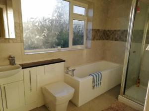 a bathroom with a tub and a toilet and a window at Country Home with Gardens in Newtown +20 photos