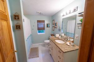 une salle de bain avec un lavabo, des toilettes et un miroir dans l'établissement The charming Glenn Cottage! Walk to Lake Michigan!, à Fennville 31 autres photos