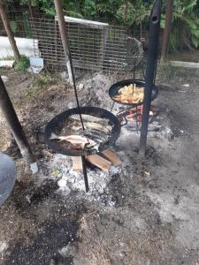 two braziers with food cooking on a grill at Pensiunea Pescărie La Nelu in Ohaba-Sibişel