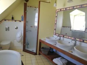 a bathroom with two sinks and a shower and a mirror at Clos de la ruche in Cour-sur-Loire