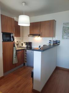 a kitchen with wooden cabinets and a white counter top at Le Cosy Pyrénées pied de pistes Sérias in Germ