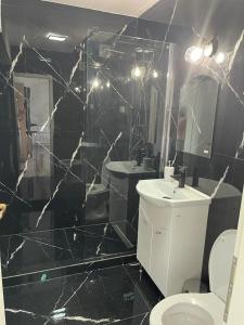 - une salle de bains en noir et blanc pourvue de toilettes et d'un lavabo dans l'établissement Apartament Mara Centru, à Alba Iulia