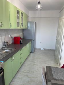 La cuisine est équipée d'armoires vertes et d'un réfrigérateur en acier inoxydable. dans l'établissement Apartament Mara Centru, à Alba Iulia
