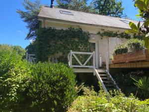 una pequeña casa con una escalera que conduce a ella en Chambre bananier: maison arborée face à la rivière, en Saint-Fiacre-sur-Maine