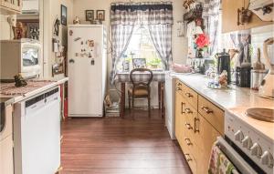 Amazing Home In Yttery With Wifi في Ytteroy: مطبخ مع ثلاجة بيضاء وطاولة