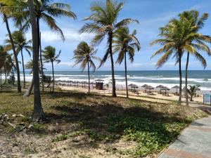 a beach with palm trees and the ocean at Vila dos Lírios -Tranquilidade e Natureza in Imbassai