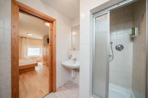 La salle de bains est pourvue d'une douche et d'un lavabo. dans l'établissement Golfhotel Sonne, à Alpe di Siusi