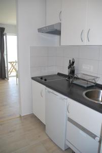 een witte keuken met een wastafel en een aanrecht bij Villa Danica Murter in Betina