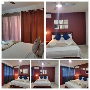 four pictures of a bedroom with two beds and a room with red walls at Hotel Sea Breeze Sosua in Sosúa