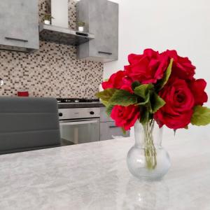 un vase de roses rouges assis sur un comptoir dans une cuisine dans l'établissement CASA RED ROSE, à Maddaloni
