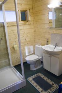 uma casa de banho com um WC, um lavatório e um chuveiro em Vanha Väätänen Cottage em Väätänen