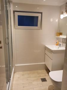 a bathroom with a shower and a toilet and a sink at Apartments by the sea Dramalj, Crikvenica - 5596 in Dramalj