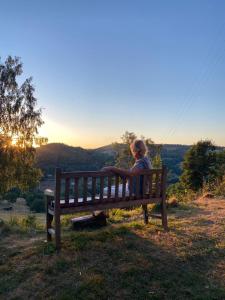 a woman sitting on a bench on a hill at B & B Maison Helise in La Croix-aux-Mines