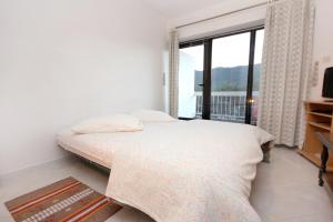 - une chambre avec un lit et une grande fenêtre dans l'établissement Family friendly apartments with a swimming pool Stari Grad, Hvar - 583, à Stari Grad