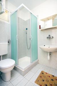 a bathroom with a shower and a toilet and a sink at Apartments by the sea Brna, Korcula - 574 in Smokvica
