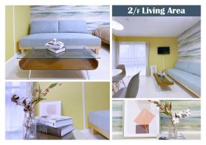 a collage of photos of a bedroom and a living area at nestay apartment tokyo ginza in Tokyo