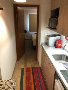 eine kleine Küche mit einer Spüle und einer Arbeitsplatte in der Unterkunft Departamento residencial Valle Nevado in Lo Barnechea