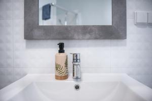 a bathroom sink with a soap dispenser on it at Apartamenty Piłsudskiego in Gliwice