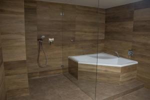 a bathroom with a shower with a white tub at Restaurace a Penzion U Klásků in Olomouc