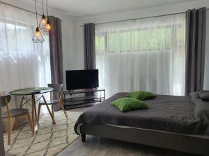 Schlafzimmer mit einem Bett, einem Tisch und einem TV in der Unterkunft AOSTA VALLEY SINAIA in Sinaia