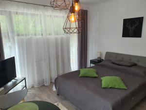 ein Schlafzimmer mit einem Bett mit grünen Kissen darauf in der Unterkunft AOSTA VALLEY SINAIA in Sinaia