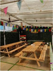 a group of picnic tables under a tent at The Door to Nirvana Backpackers Hostel Kotagiri in Kotagiri