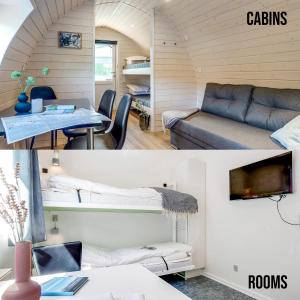 Zimmer mit einem Bett und einem Zimmer mit einem Sofa in der Unterkunft Danhostel Skjern in Skjern
