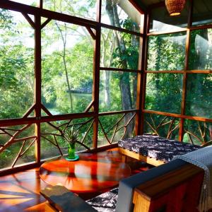 ein Zimmer mit einem großen Fenster in einem Baumhaus in der Unterkunft Alma Del Rio Eco-Comfort on the water in San Ignacio