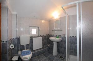 a bathroom with a toilet a sink and a shower at Pension Paunasul in Buşteni +49 photos